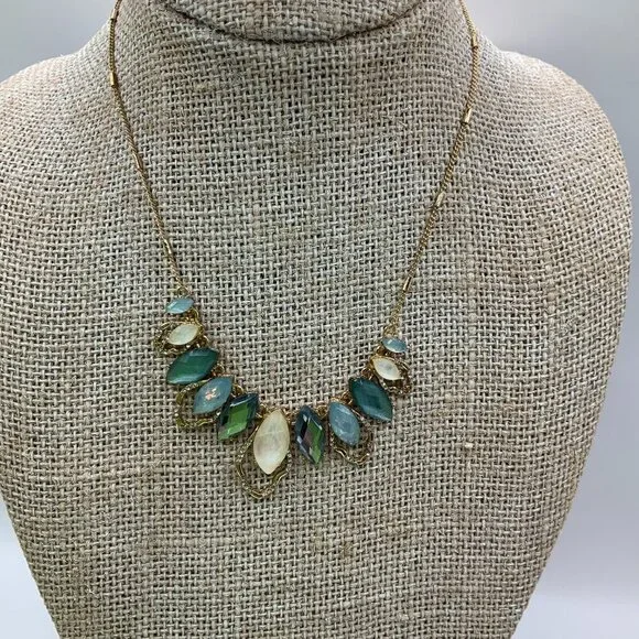 Anne Klein Gold Tone Blue Multi Petal Mother of Pearl Epoxy Necklace - Picture 3 of 6